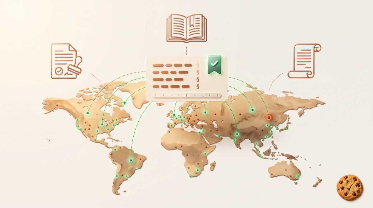 World map illustrating legal-source coverage and a change-review dashboard