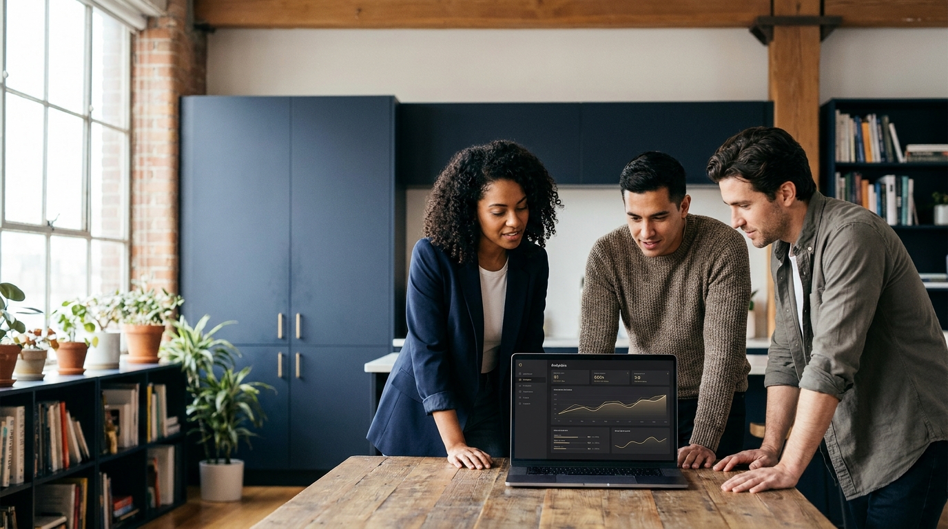 A diverse digital agency team collaborating around a laptop that displays an analytics dashboard, in a bright modern studio workspace